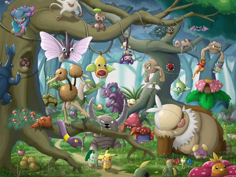 Pokémon in a Forest — Green, Playful