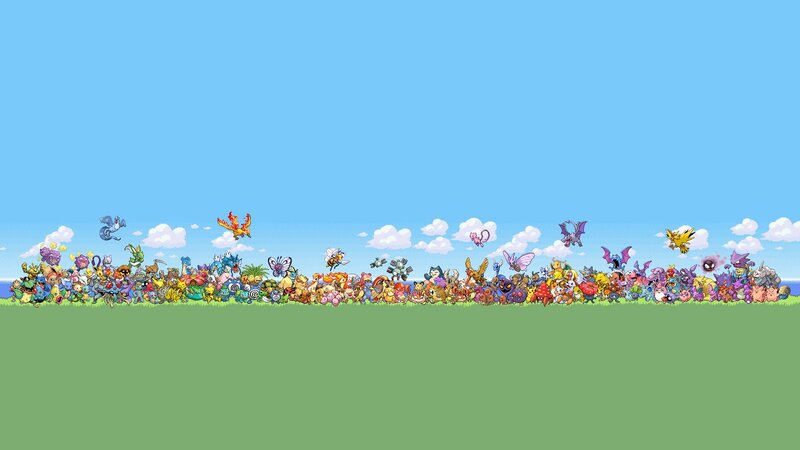 Pokémon lineup on a grassy field