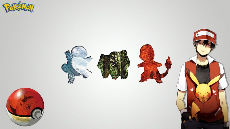 Pokémon starter trio and trainer