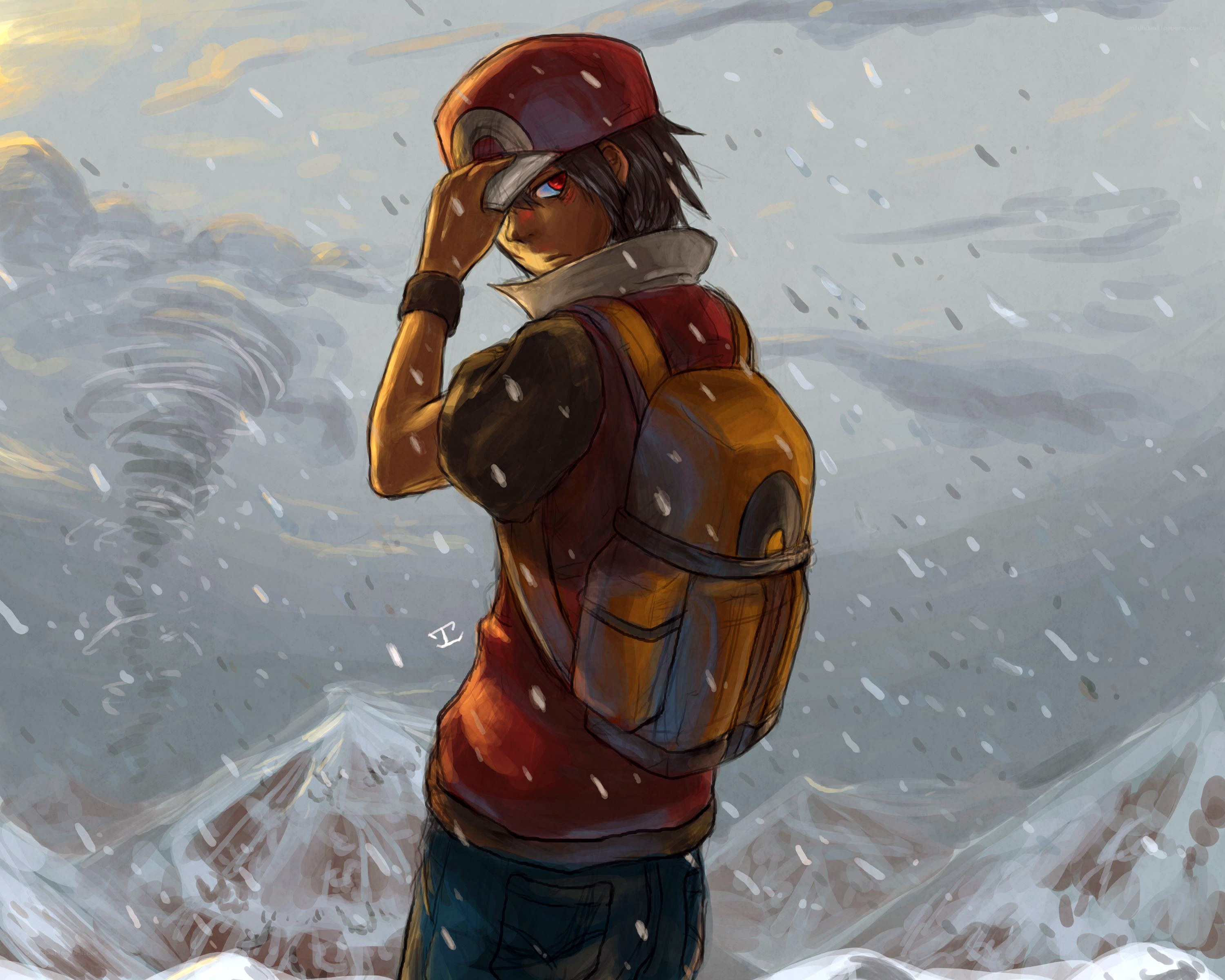 Pokémon trainer in snowstorm