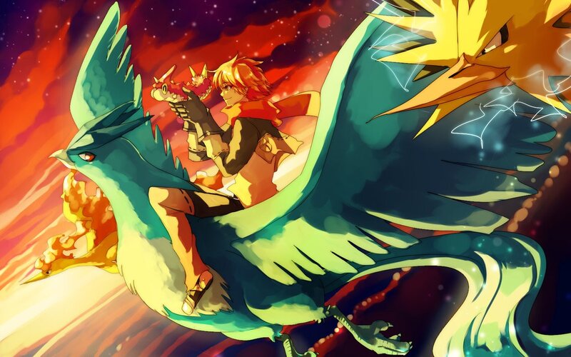 Pokémon trainer riding a bird Pokémon