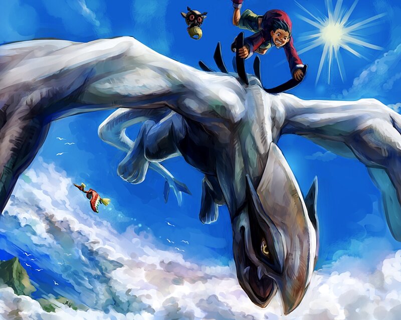 Pokémon trainer riding a legendary bird
