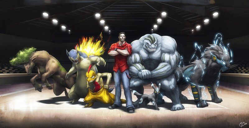Pokémon trainer with his team
