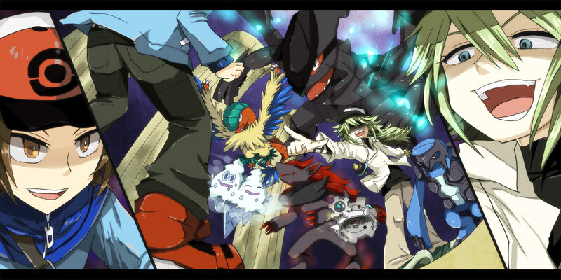 Pokémon trainers and Pokémon in action