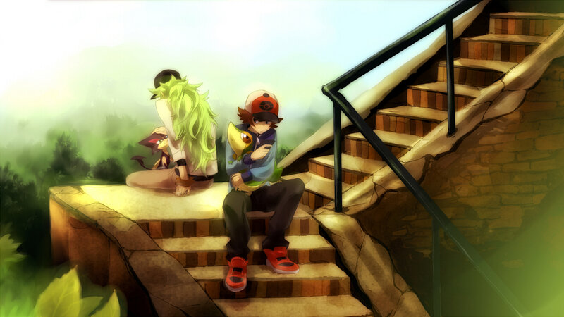 Pokémon trainers on stairs
