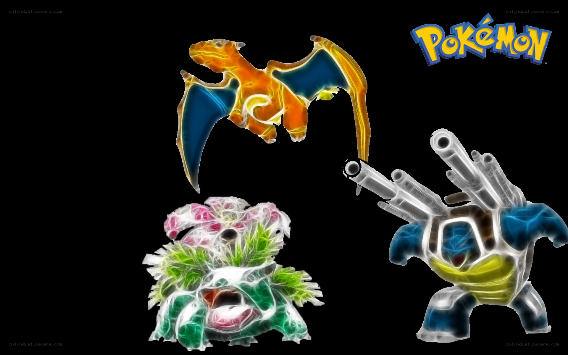 Pokémon trio with glowing effects