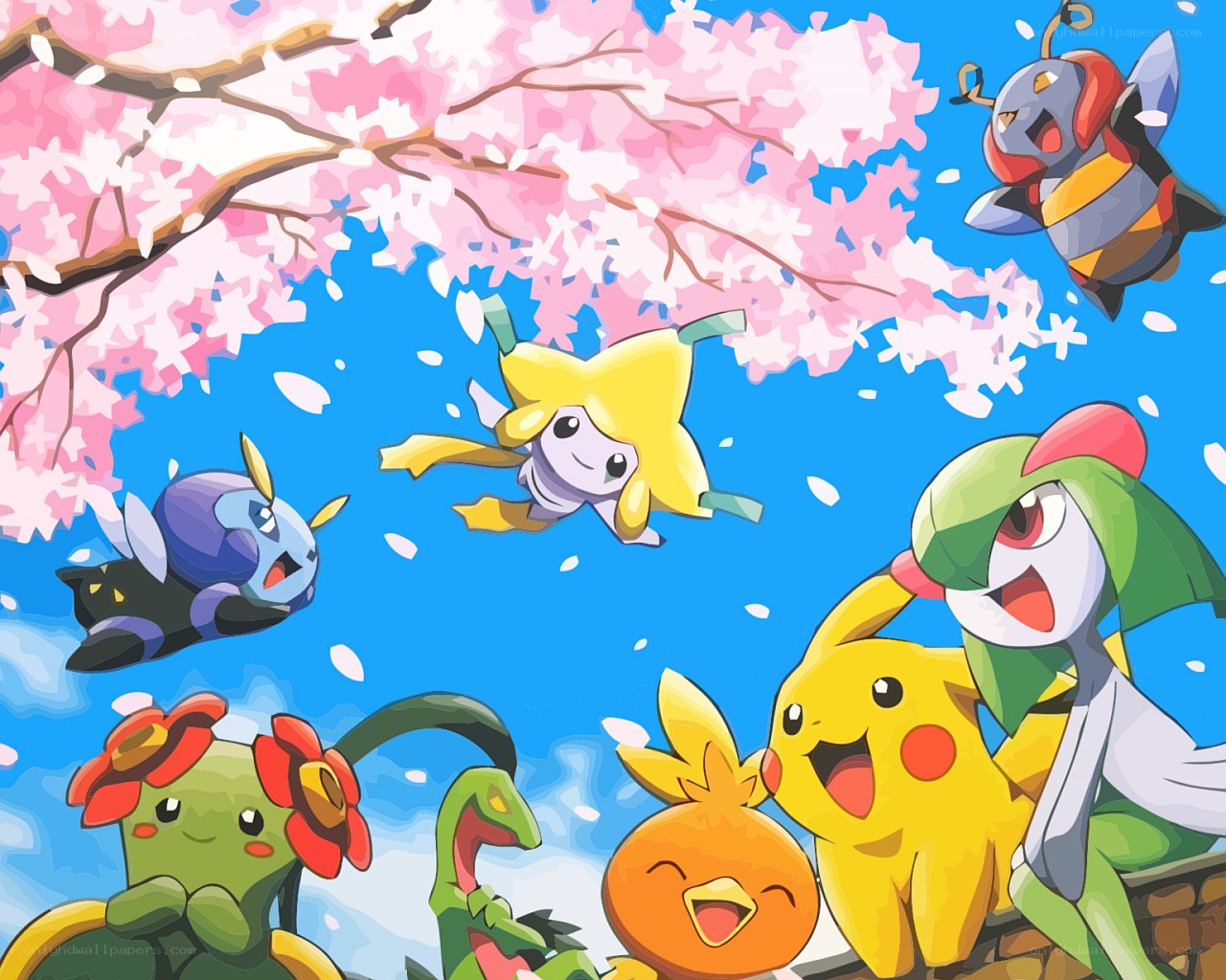 Pokémon under cherry blossoms