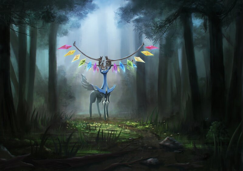 Pokémon Xerneas in a misty forest