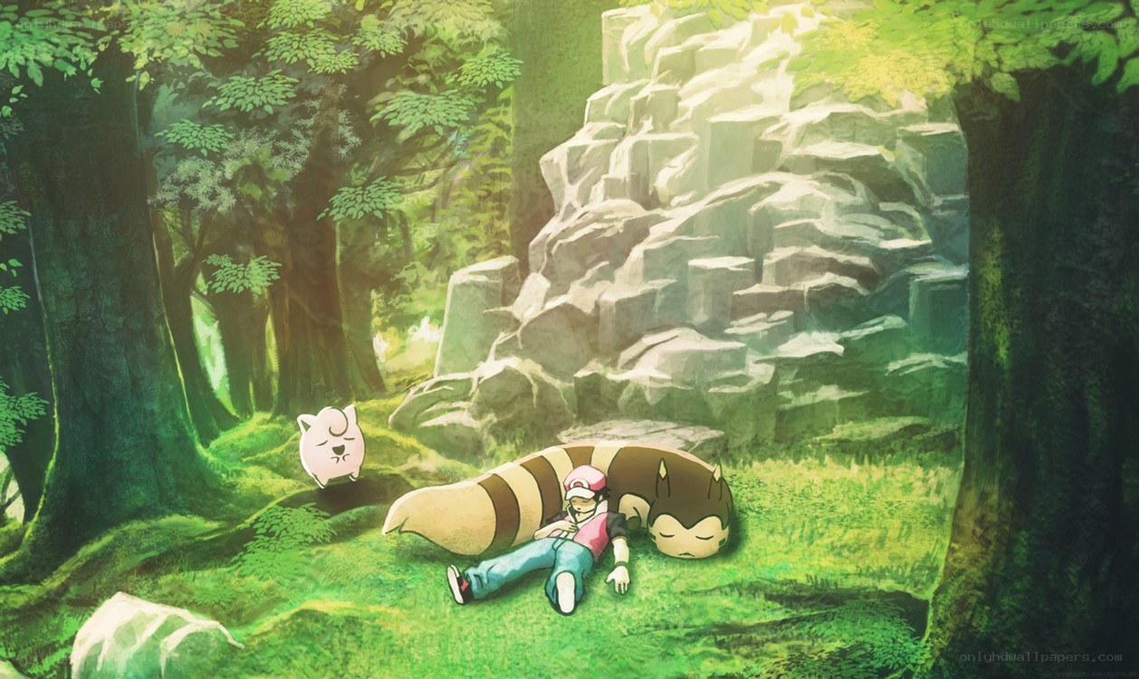 Pokemon characters resting in forest