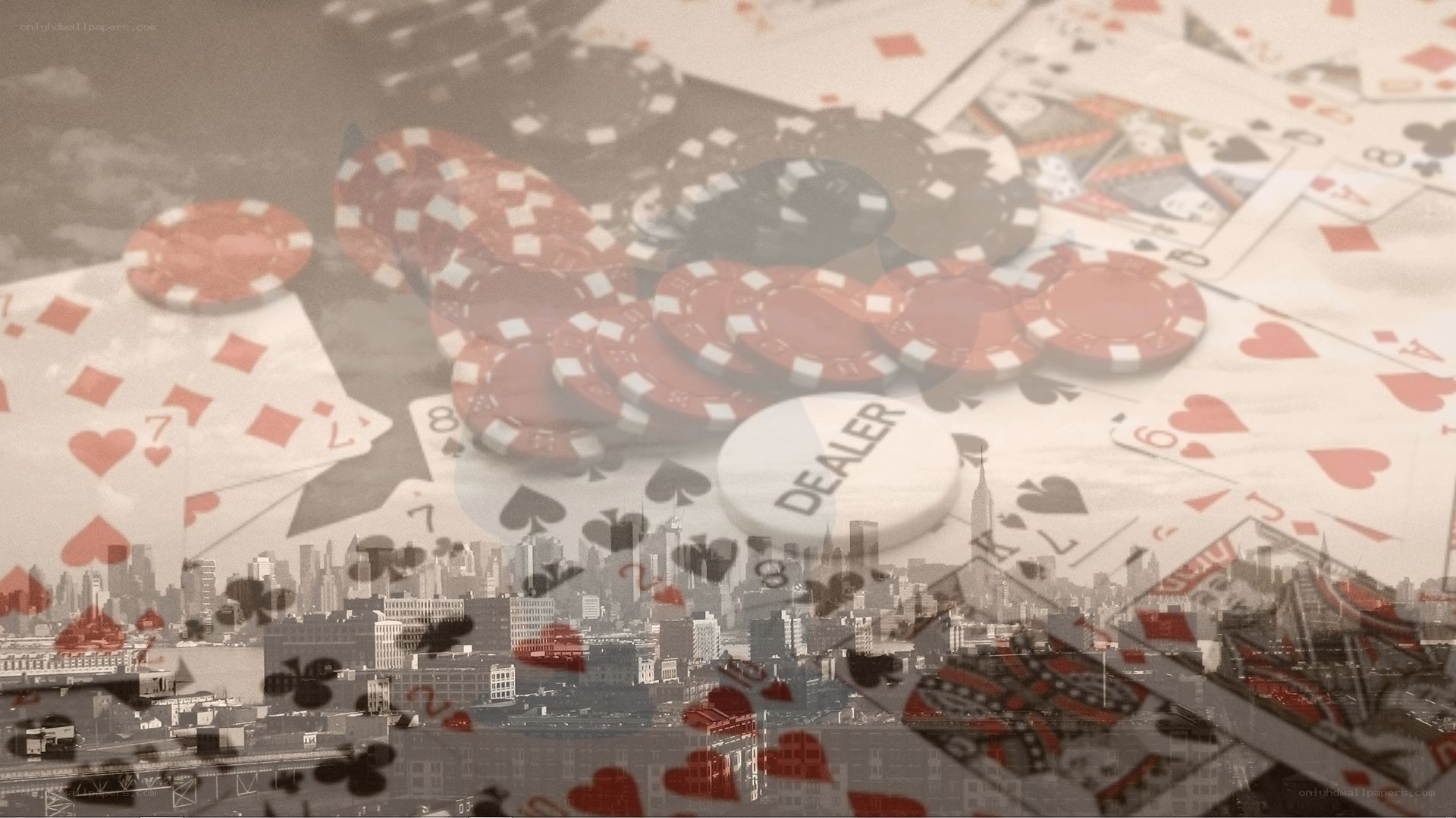 Poker cards over city skyline