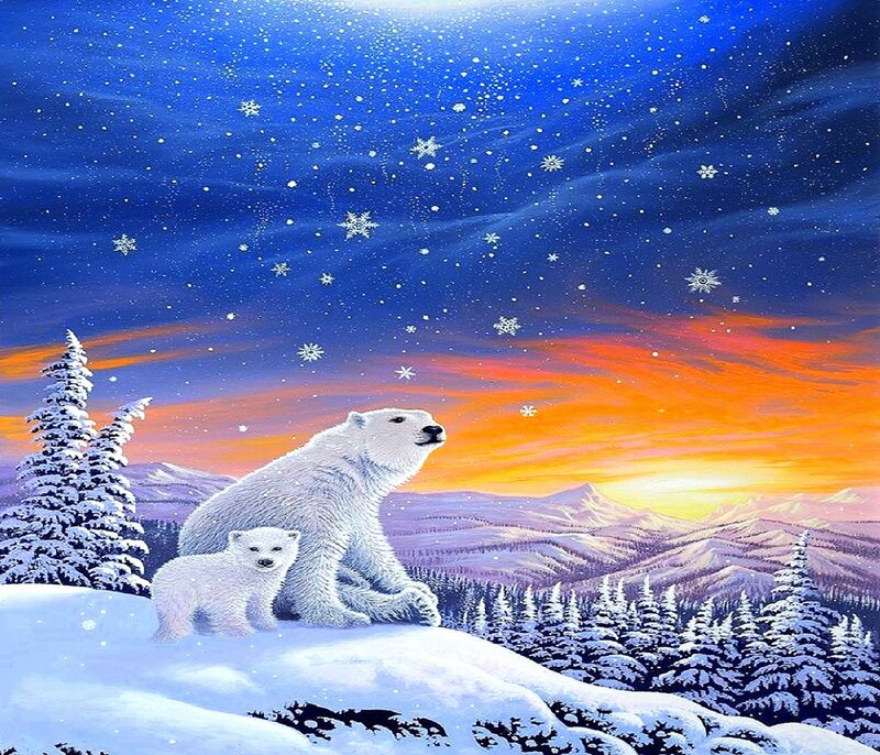 Polar Bear and Cub — Blue, Serene, Sunset, Painting