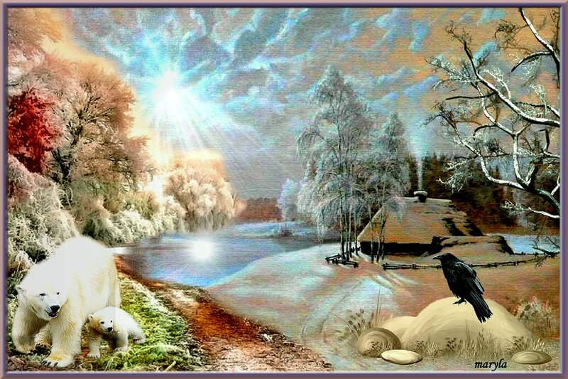 Polar Bear and Cub — White, Serene, Winter, Digital Art, River