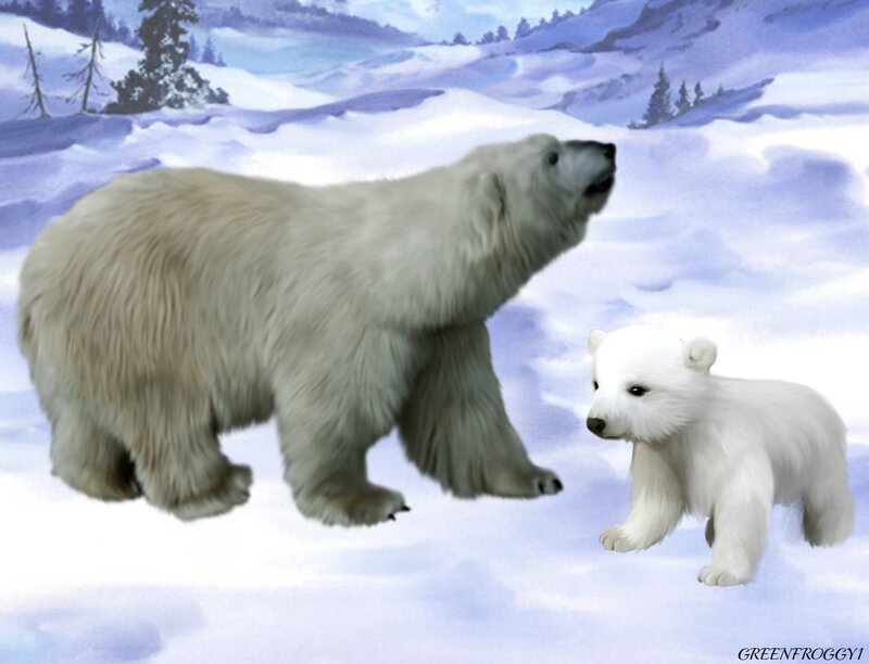 Polar Bear and Cub — White, Serene, Winter, Digital Art