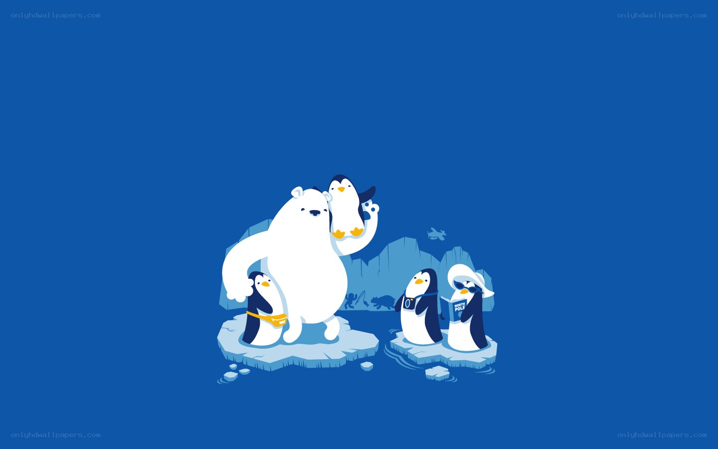 polar bear and penguins on ice