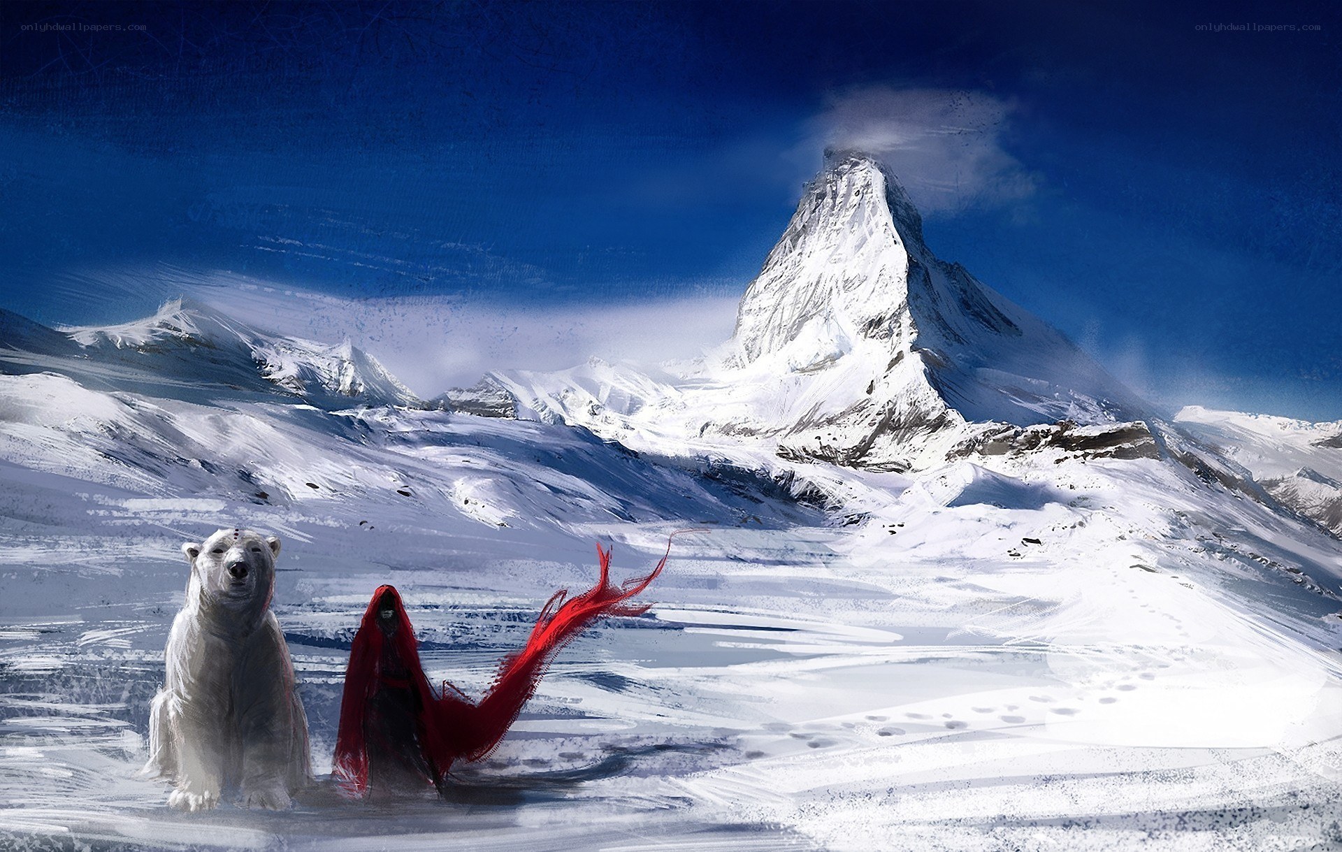 Polar bear and red-robed figure