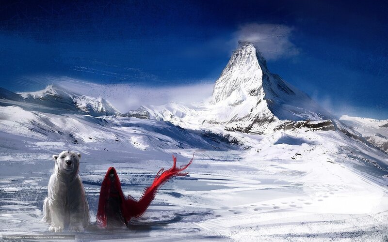 Polar bear and red-robed figure