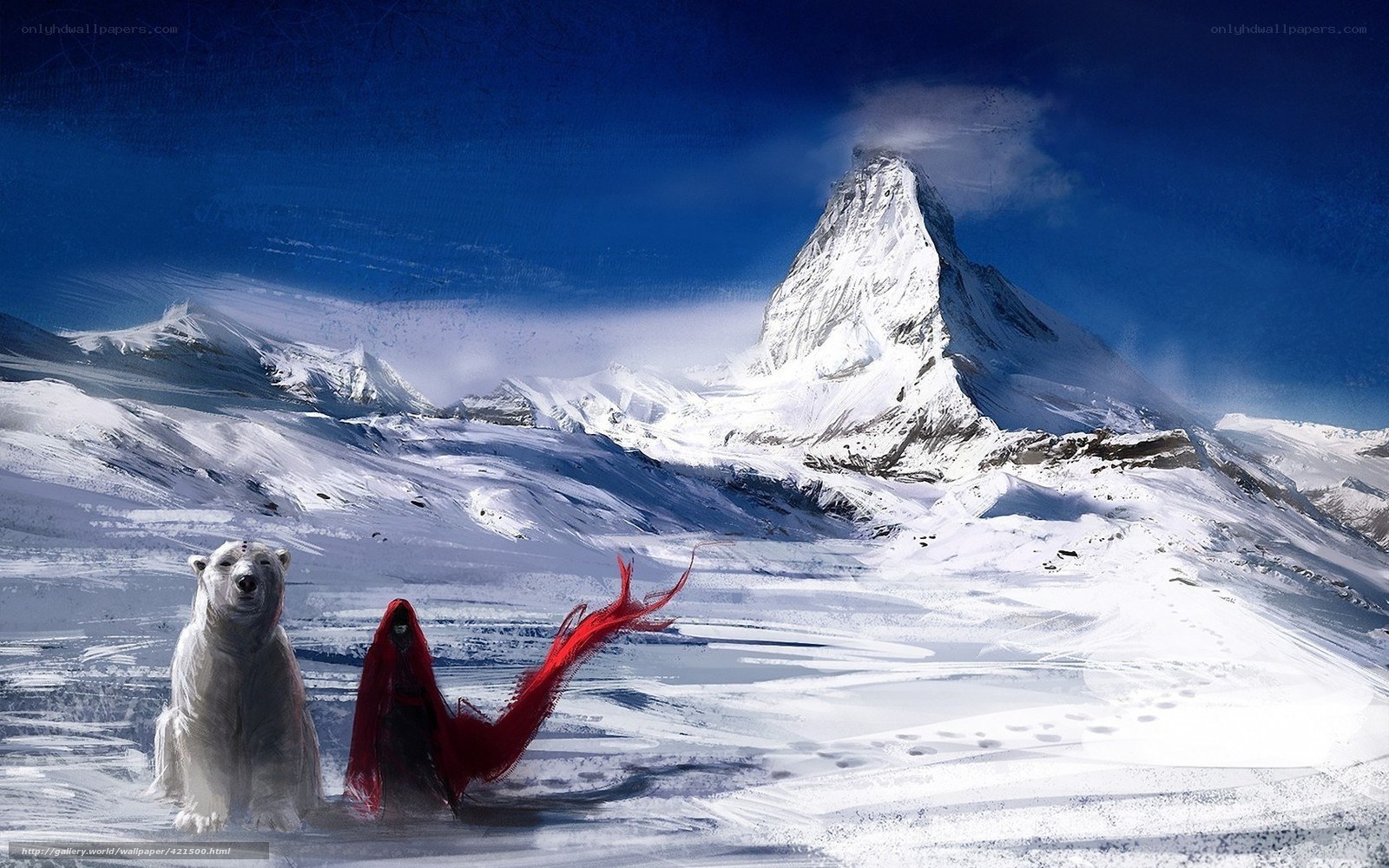 Polar bear and red-robed figure