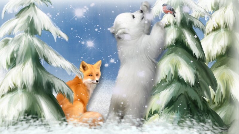 Polar Bear Cub and Fox — White, Serene