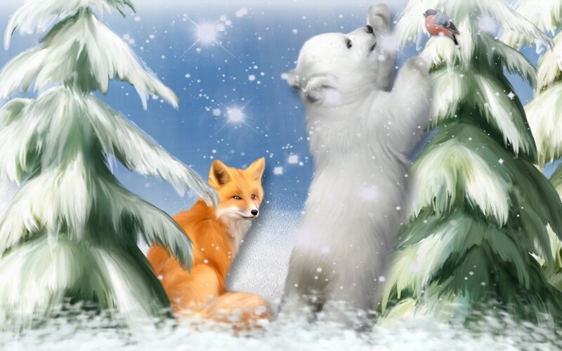 Polar Bear Cub and Fox — White