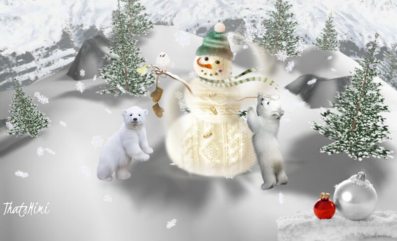 Polar Bear Cubs with Snowman