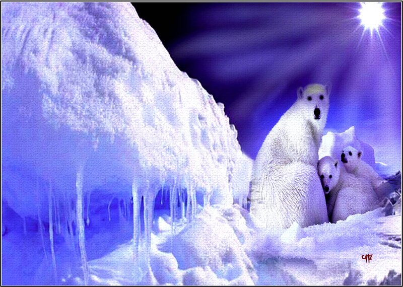 Polar Bear Family — Blue, Dramatic, Night, Digital Art