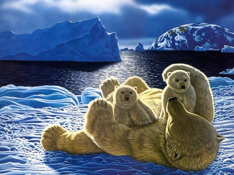 Polar Bear Family — Blue, Dramatic, Night, Illustration