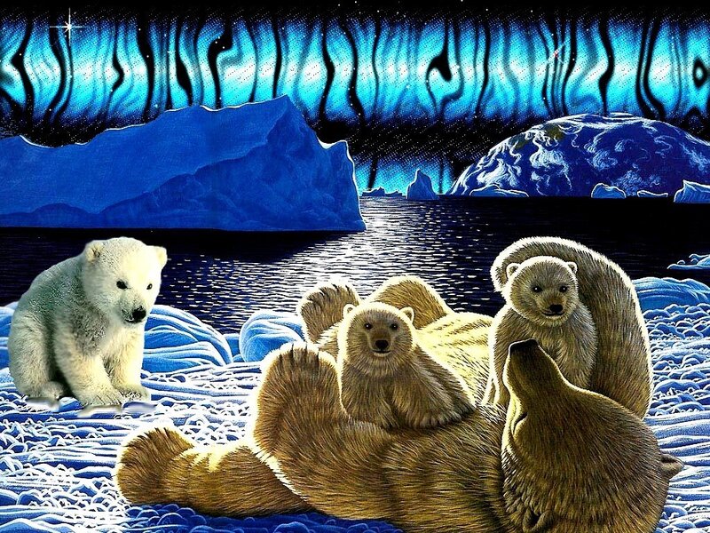 Polar Bear Family — Blue, Dramatic, Night