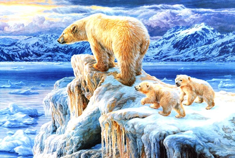 Polar Bear Family — Blue, Dramatic, Winter