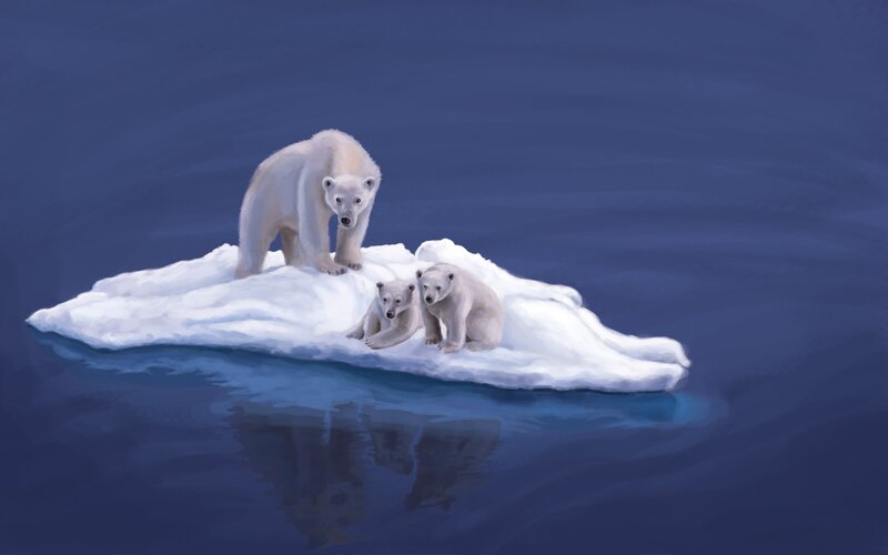 Polar Bear Family — Blue, Serene, Night, Digital Art, Iceberg, Ocean