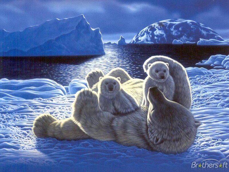 Polar Bear Family — Blue, Serene, Night, Digital Art, Icebergs