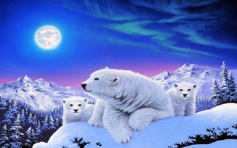 Polar Bear Family — Blue, Serene, Night, Digital Art, Moon, Mountains