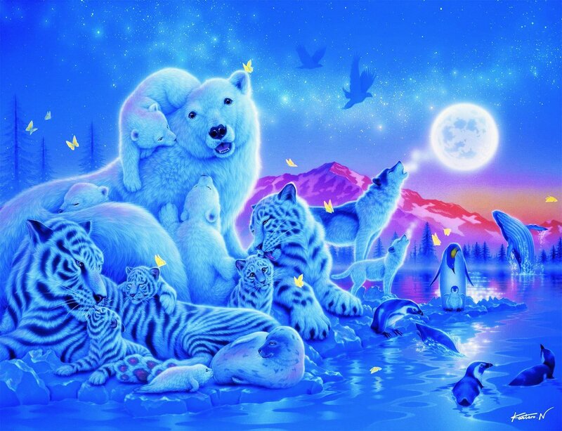 Polar Bear Family — Blue, Serene, Night, Digital Art, Tigers