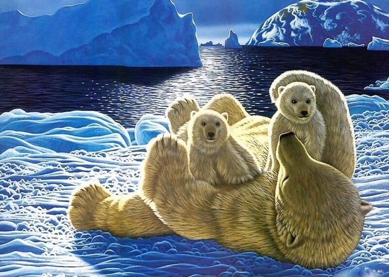 Polar Bear Family — Blue, Serene, Night