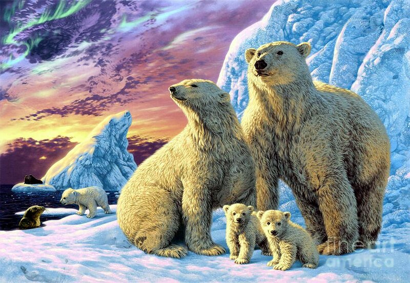 Polar Bear Family — White, Dramatic, Night, Digital Art