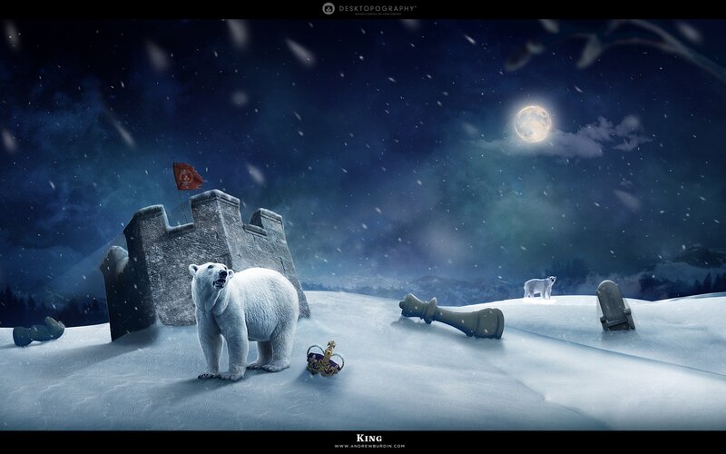 Polar Bear in Snow — Blue, Dramatic, Night, Digital Art