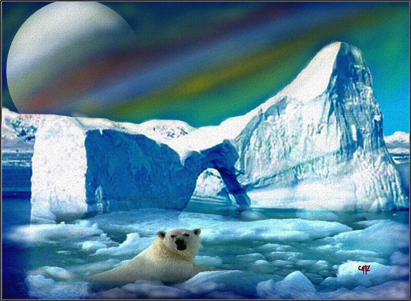 Polar Bear on Ice — Blue, Dramatic, Night, Digital Art, Iceberg