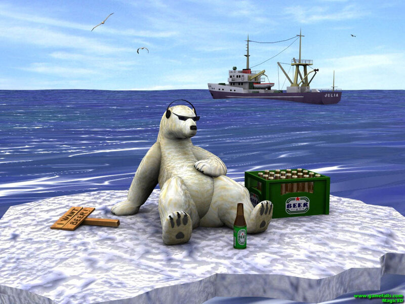 Polar bear on ice with beer