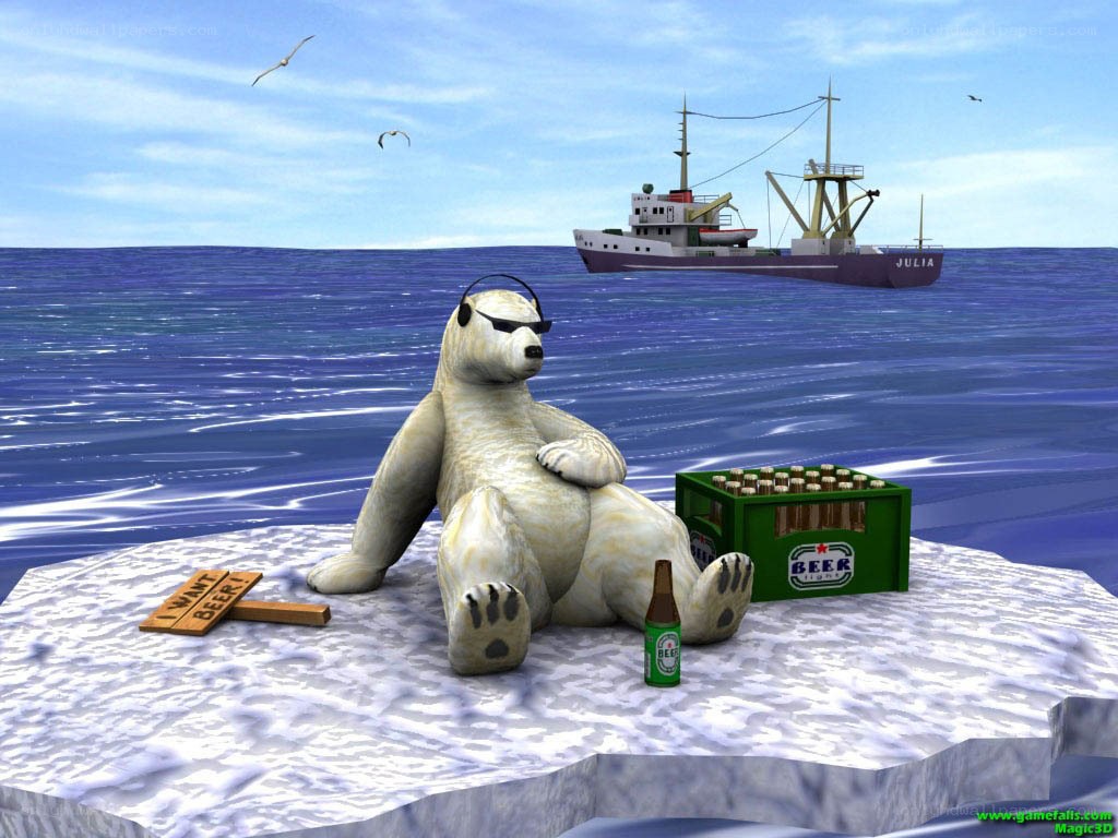 Polar bear on ice with beer