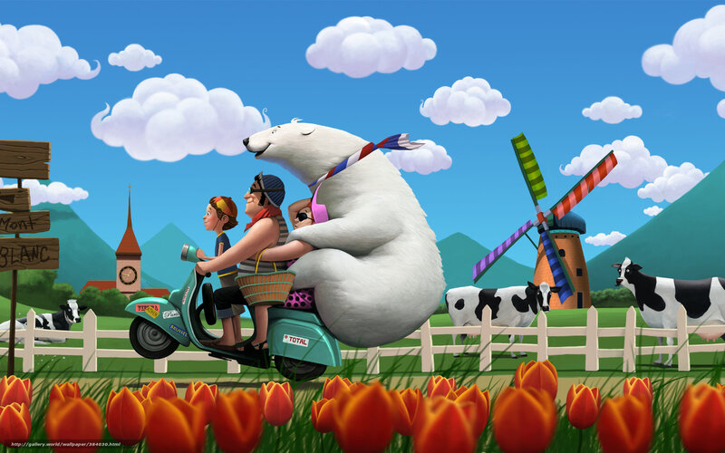 Polar bear on scooter with family
