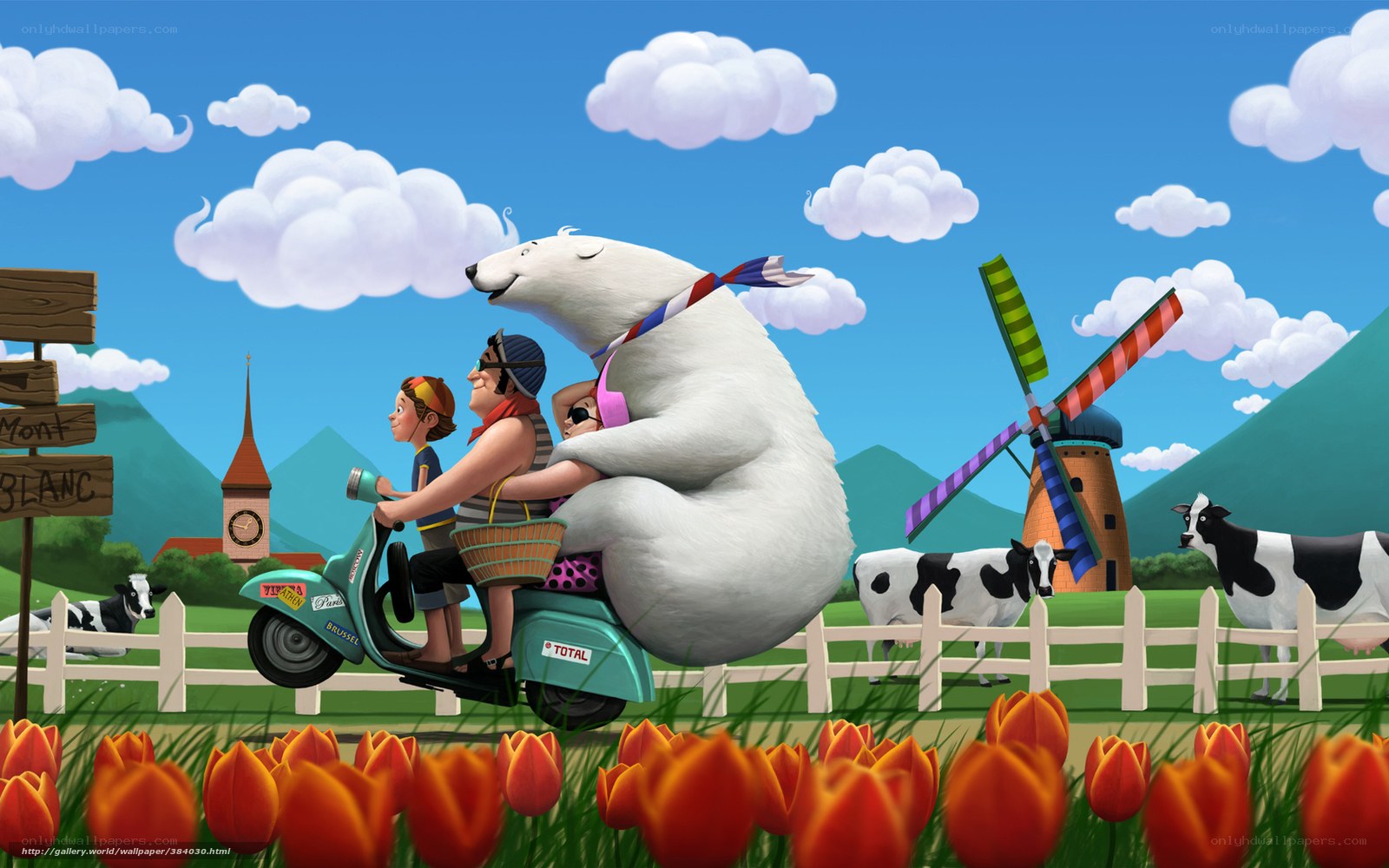 Polar bear on scooter with family