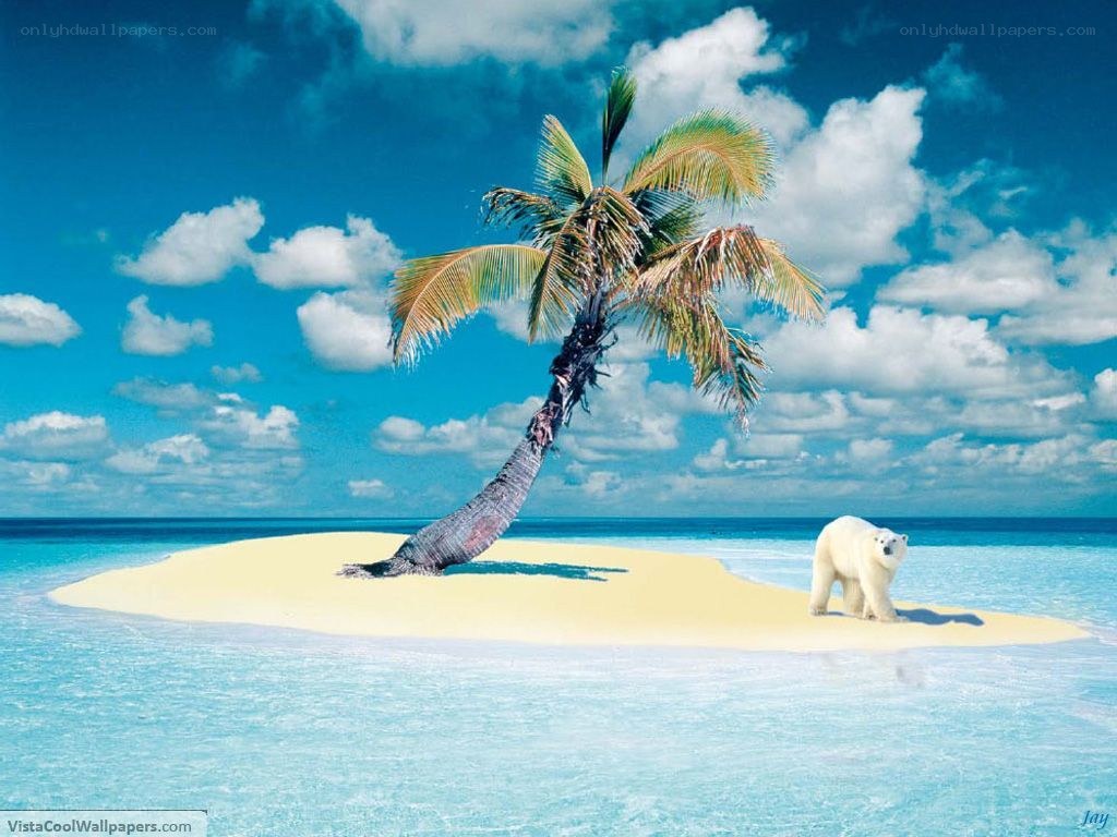 polar bear on tropical island
