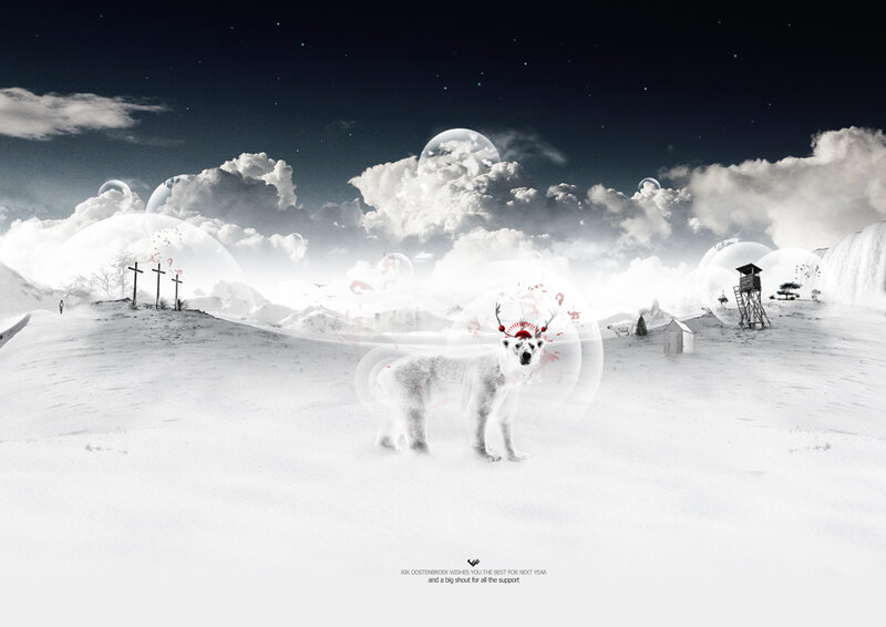 polar bear with antlers in snowy landscape