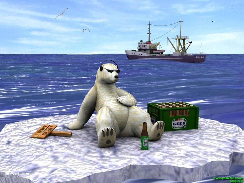 Polar bear with beer on ice floe