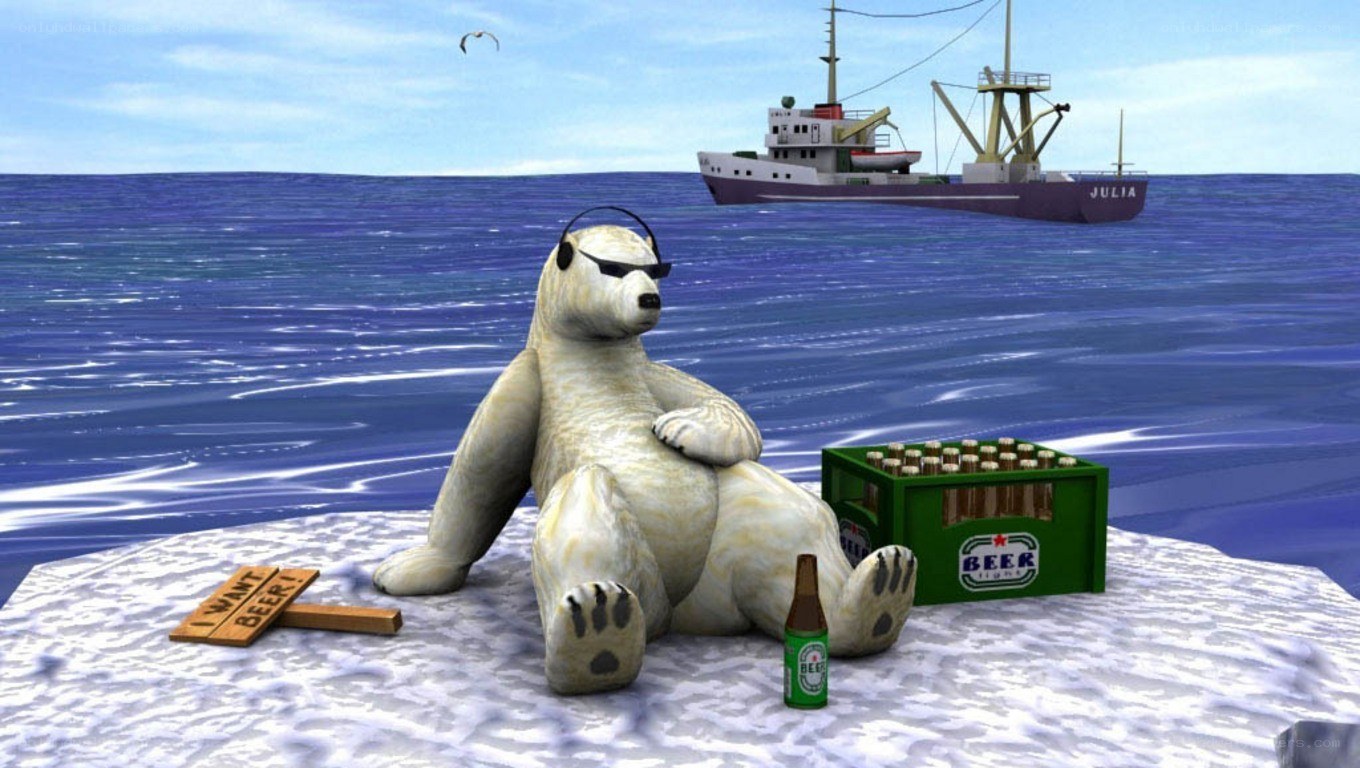 Polar bear with beer on ice