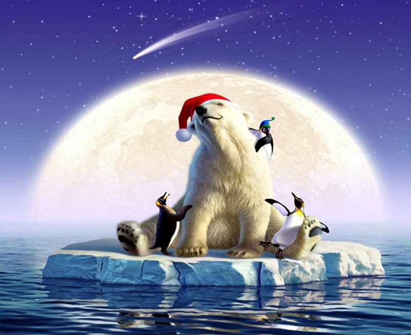 Polar Bear with Penguins — Blue