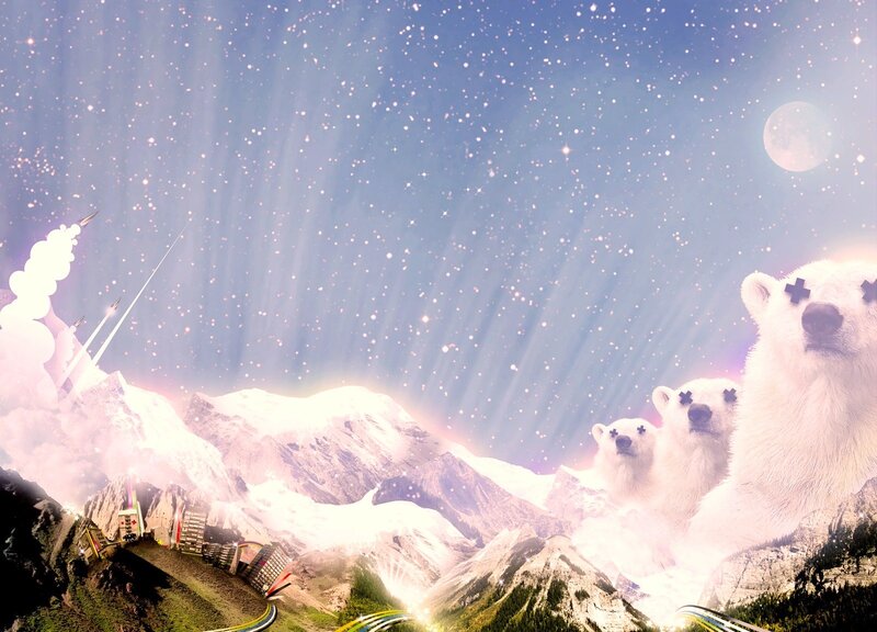 Polar bears in a starry mountain landscape
