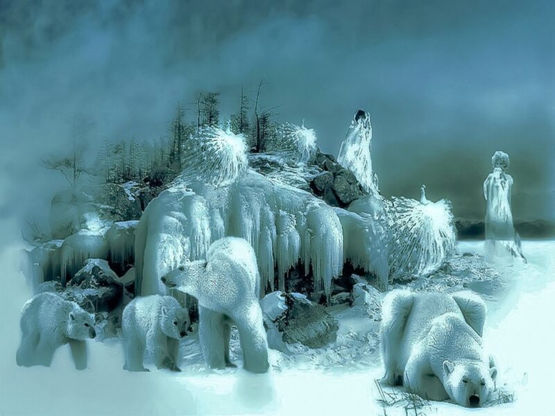 Polar Bears in Snow — White, Cold, Winter, Digital Art, Ice Formations