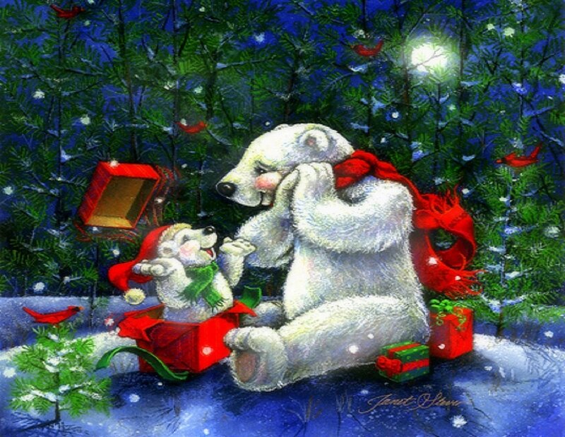 Polar Bears in Snow — White, Festive, Night