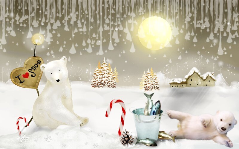 Polar Bears in Snow — White, Festive