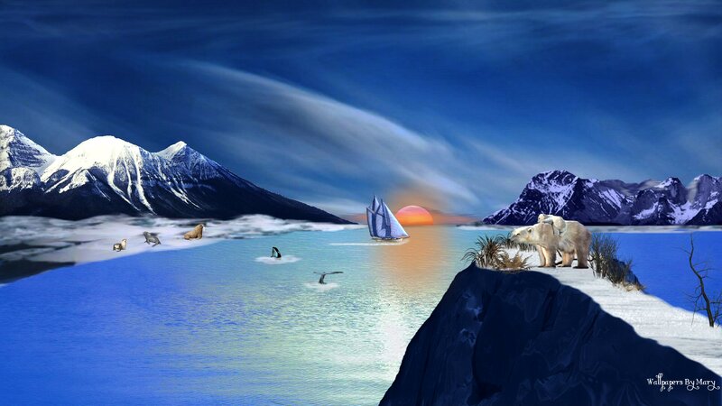 Polar Bears on Ice — Blue, Serene, Sunset